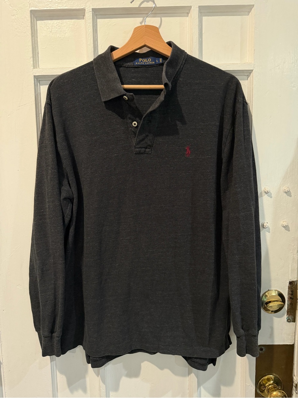 Polo by Ralph Lauren Men's Long-Sleeve Dark Gray Polo with Red Pony